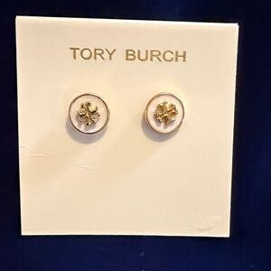 Tory Burch White and Gold Round Logo Stud Earrings